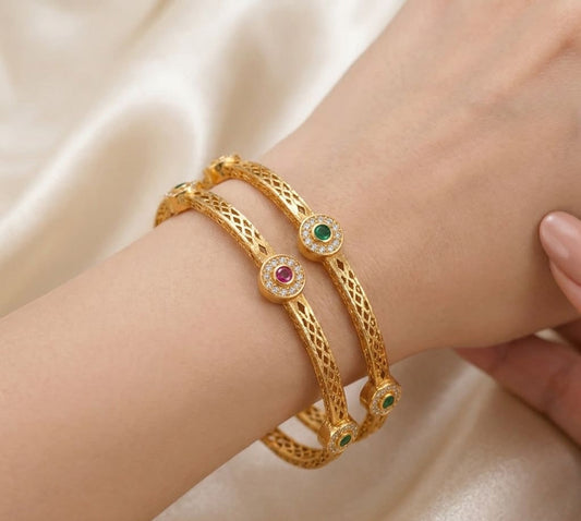 Elegant Gold-Plated Dual Stone Designer Bangles Pair