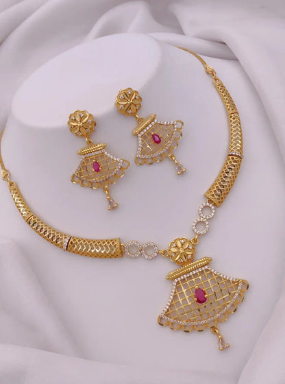 Elegant Gold-Plated Ruby Drop Pendant Necklace Set with Traditional Earrings
