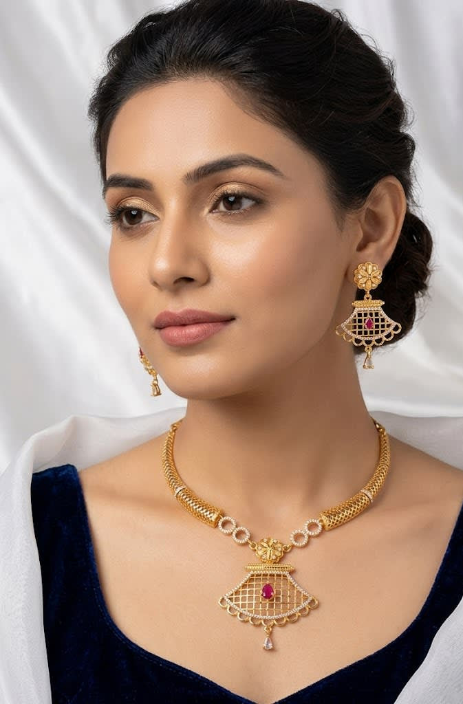 Elegant Gold-Plated Ruby Drop Pendant Necklace Set with Traditional Earrings