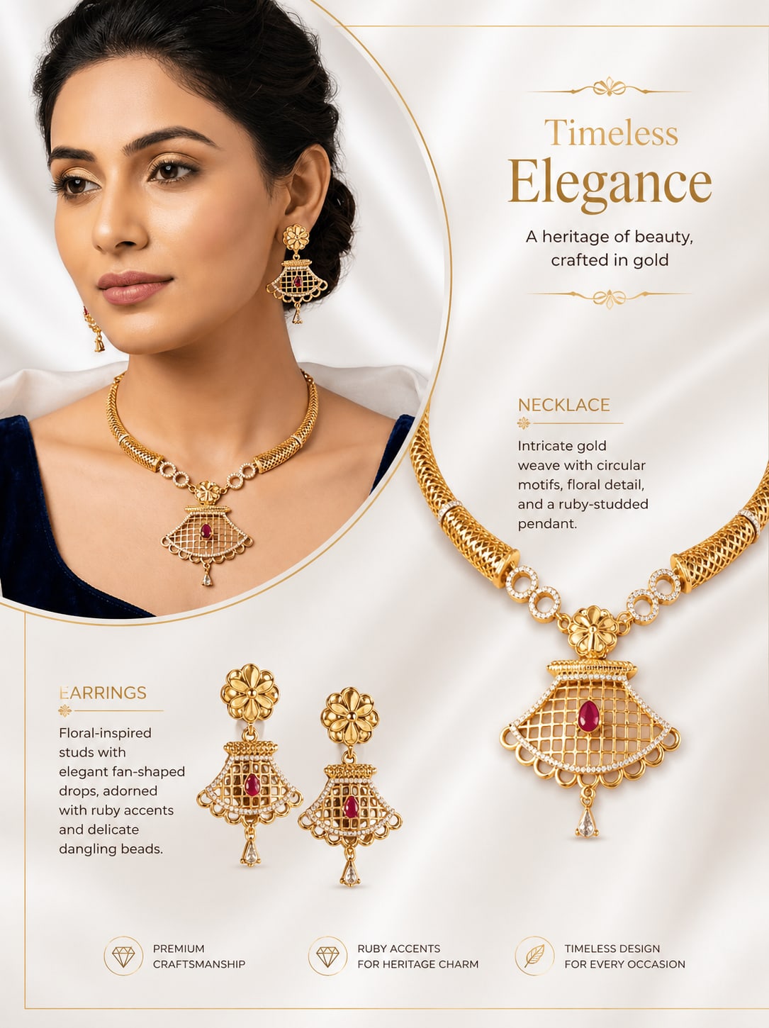 Elegant Gold-Plated Ruby Drop Pendant Necklace Set with Traditional Earrings