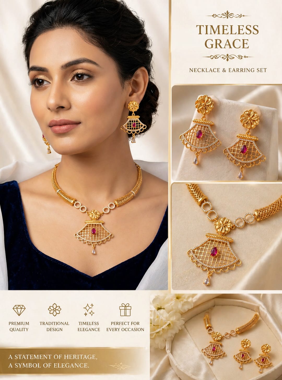 Elegant Gold-Plated Ruby Drop Pendant Necklace Set with Traditional Earrings