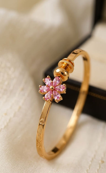 Elegant Gold Plated fancy adjustable light pink Floral bangle with Pink Stone