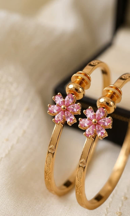 Elegant Gold Plated fancy adjustable light pink Floral bangle with Pink Stone