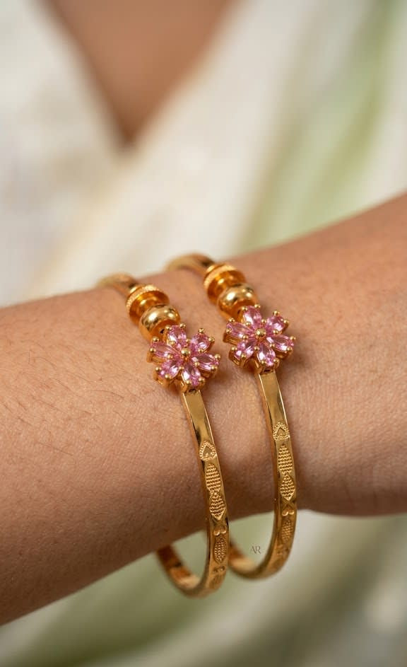 Elegant Gold Plated fancy adjustable light pink Floral bangle with Pink Stone