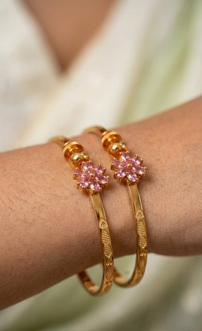 Elegant Gold Plated fancy adjustable light pink Floral bangle with Pink Stone