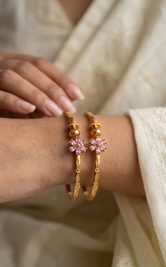 Elegant Gold Plated fancy adjustable light pink Floral bangle with Pink Stone