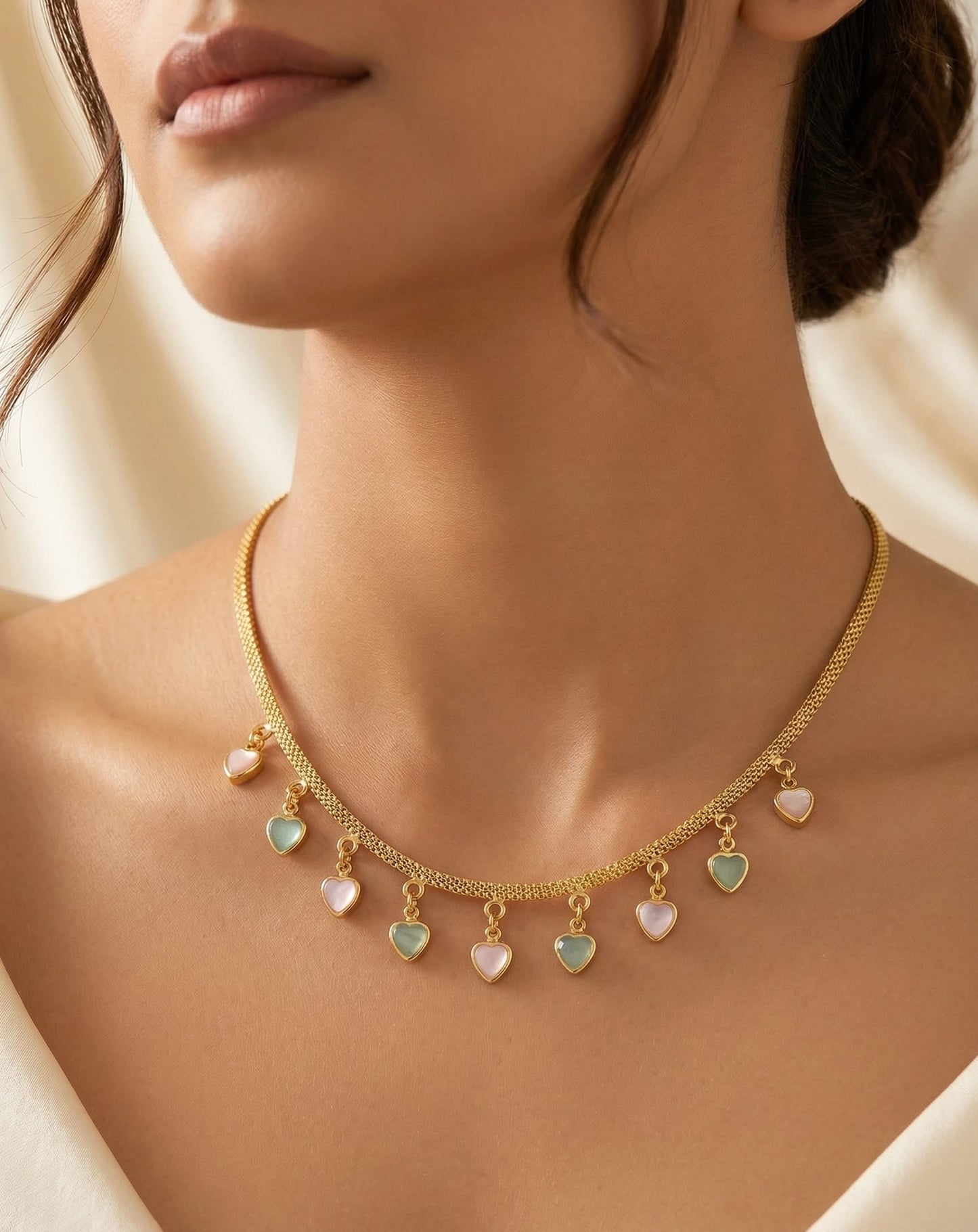 Elegant Heart Charm Pastel Drop Necklace – Micro Gold Plated 18 Inch Brass Chain