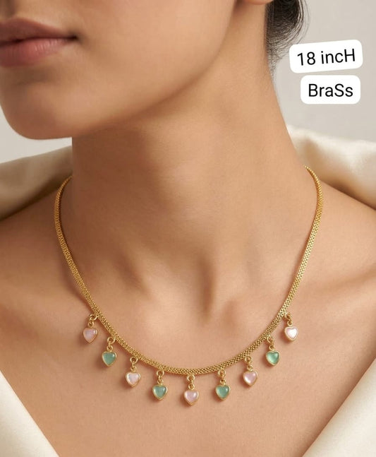 Elegant Heart Charm Pastel Drop Necklace – Micro Gold Plated 18 Inch Brass Chain