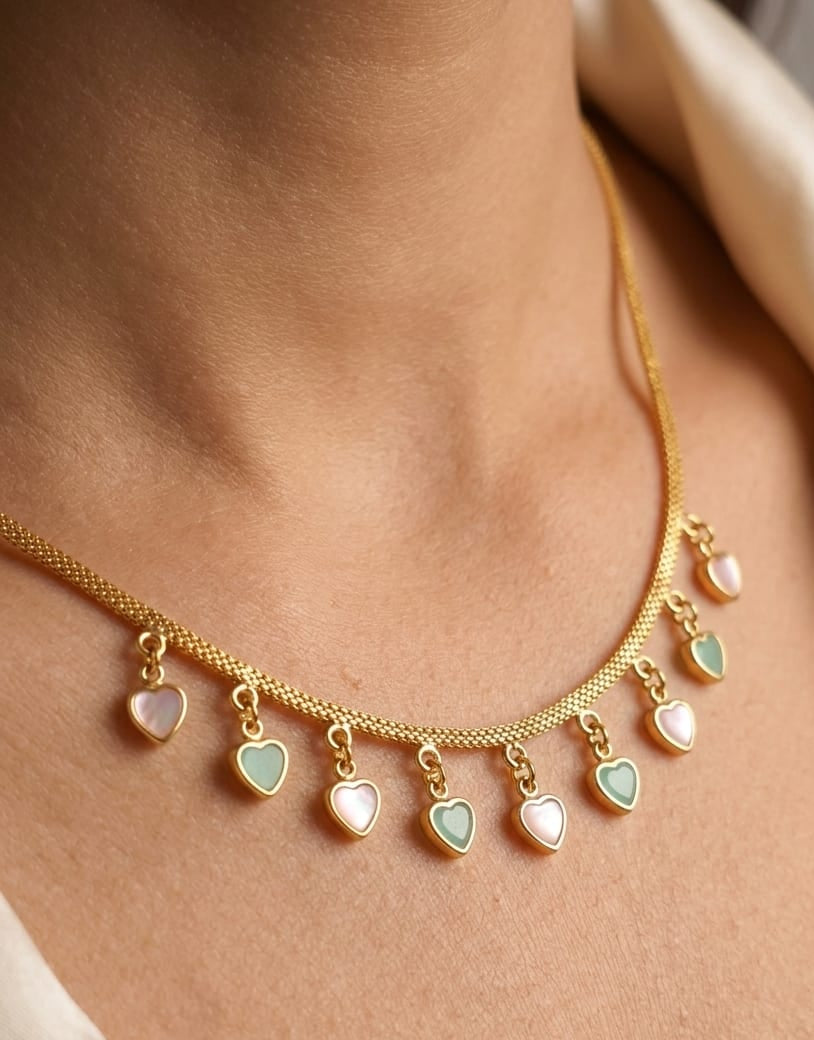 Elegant Heart Charm Pastel Drop Necklace – Micro Gold Plated 18 Inch Brass Chain