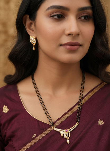 Elegant Micro Gold Plated And Diamond 24 Inches Mangalsutra with Ruby Accent Pendant And Earring