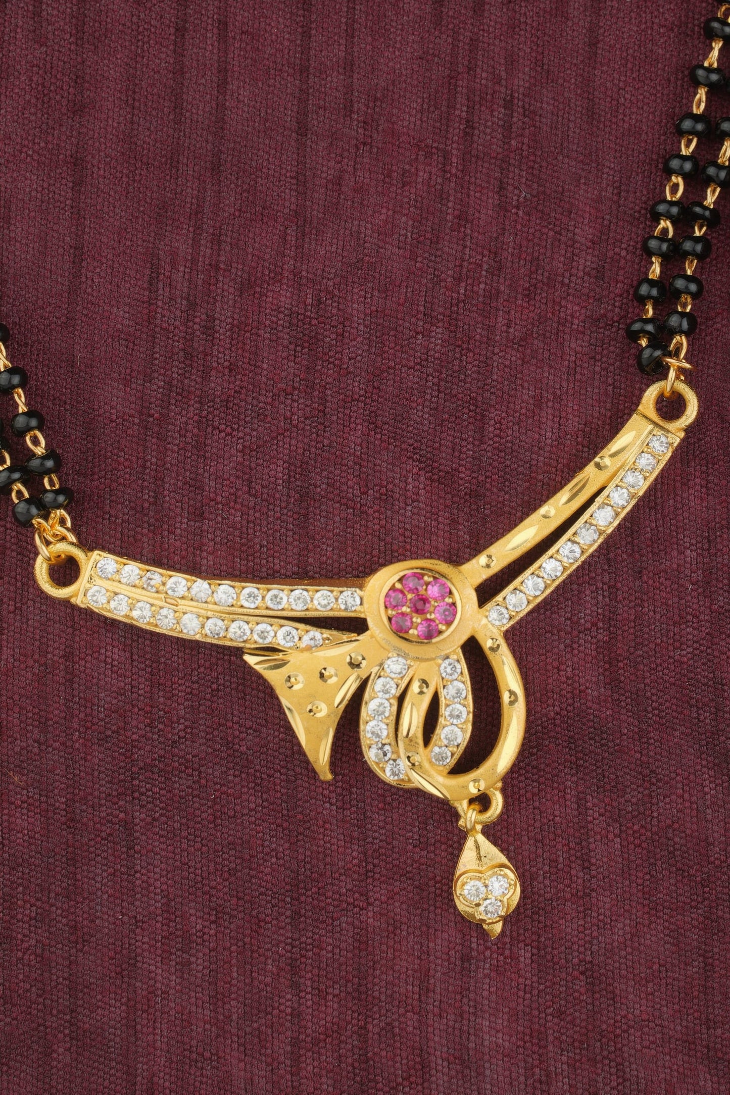 Elegant Micro Gold Plated And Diamond 24 Inches Mangalsutra with Ruby Accent Pendant And Earring