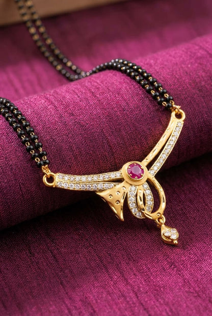 Elegant Micro Gold Plated And Diamond 24 Inches Mangalsutra with Ruby Accent Pendant And Earring