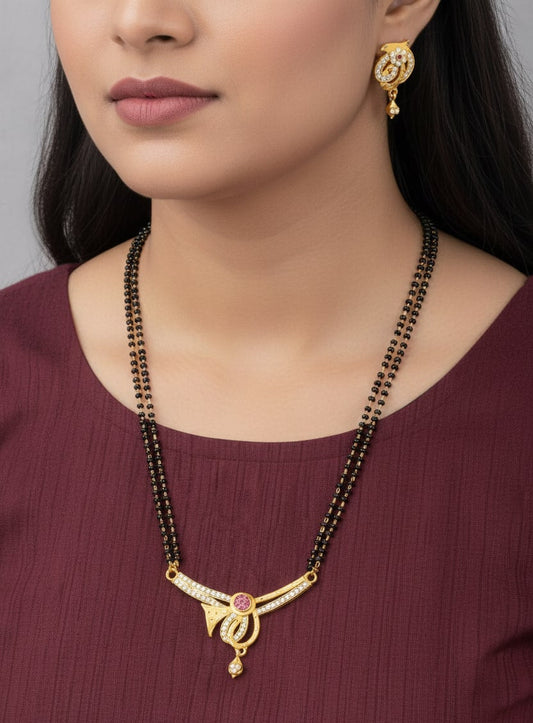 Elegant Micro Gold Plated And Diamond 24 Inches Mangalsutra with Ruby Accent Pendant And Earring
