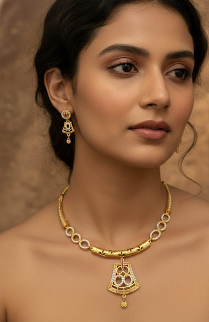 Elegant Micro Gold Plated And Diamond Pendant Necklace Set with Matching Earrings