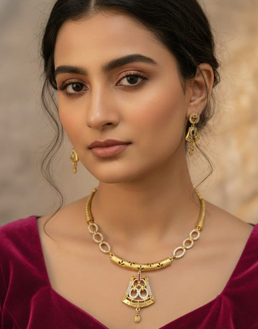 Elegant Micro Gold Plated And Diamond Pendant Necklace Set with Matching Earrings