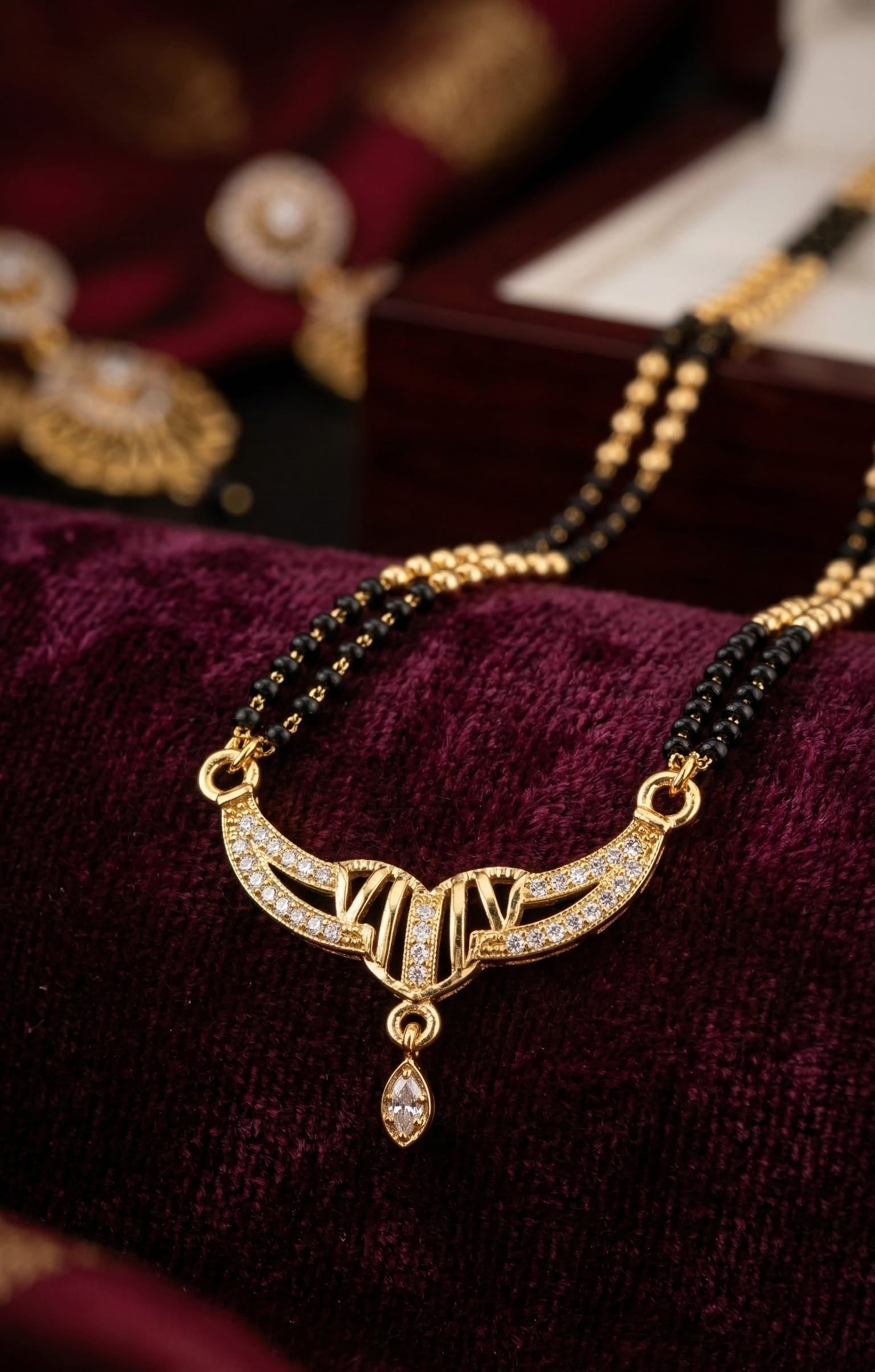 Elegant Micro Gold Plated Diamond Studded Mangalsutra with Dual Bead Chain & Drop Pendant