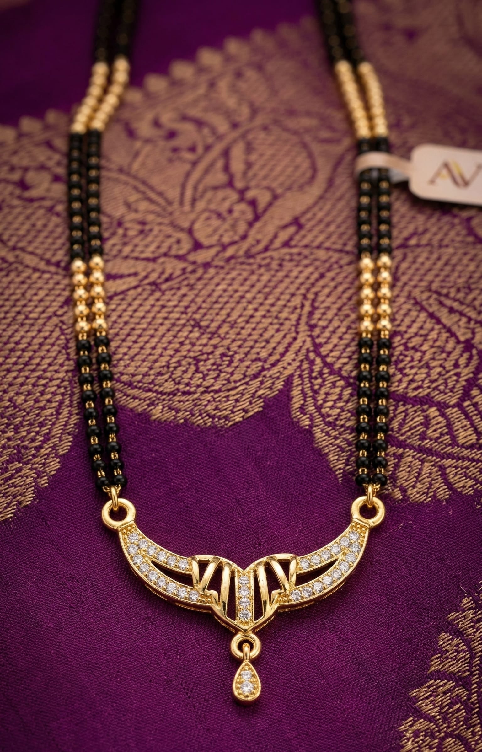 Elegant Micro Gold Plated Diamond Studded Mangalsutra with Dual Bead Chain & Drop Pendant