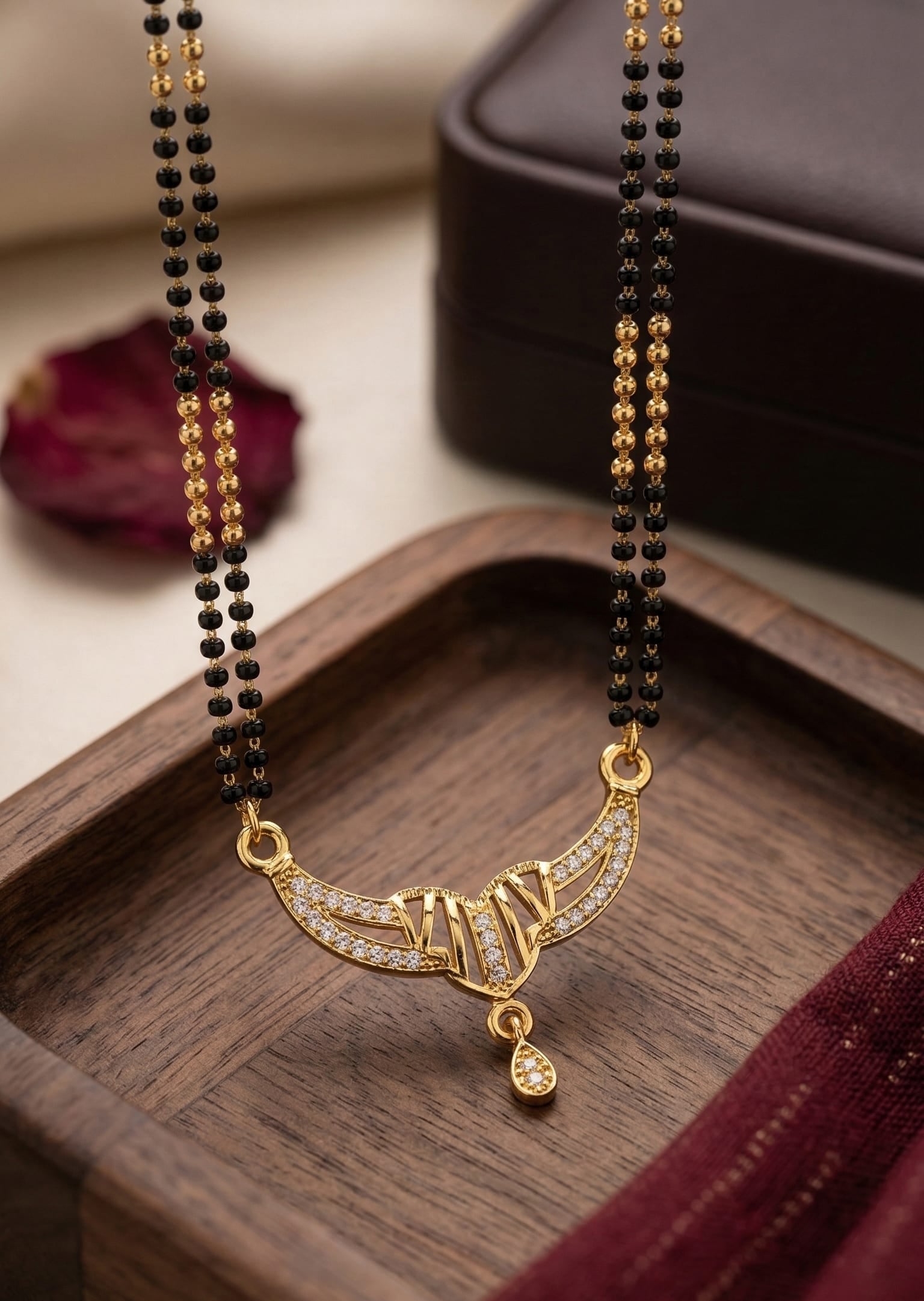 Elegant Micro Gold Plated Diamond Studded Mangalsutra with Dual Bead Chain & Drop Pendant