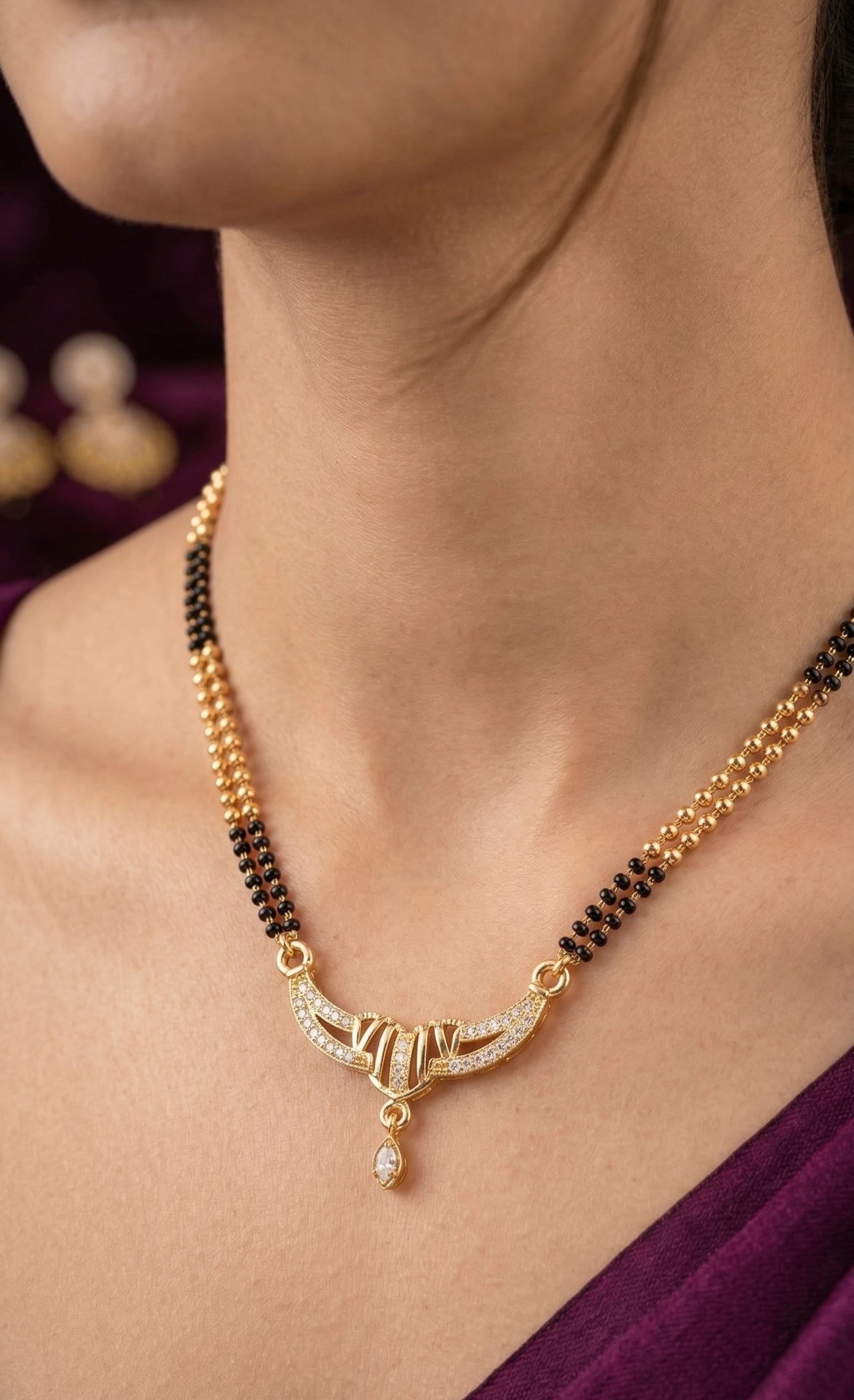 Elegant Micro Gold Plated Diamond Studded Mangalsutra with Dual Bead Chain & Drop Pendant