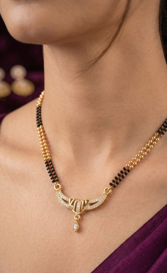 Elegant Micro Gold Plated Diamond Studded Mangalsutra with Dual Bead Chain & Drop Pendant