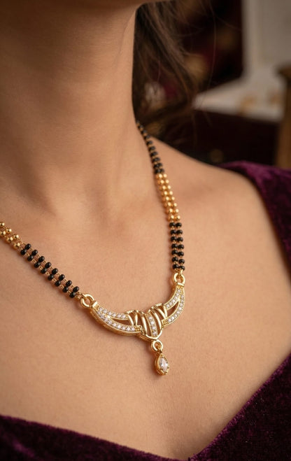 Elegant Micro Gold Plated Diamond Studded Mangalsutra with Dual Bead Chain & Drop Pendant