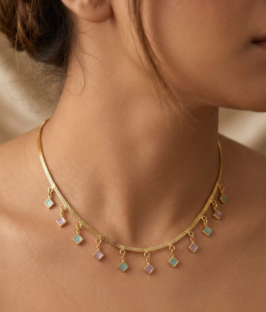 Elegant Pastel Charm Gold Plated Necklace – Multicolor Diamond Drop Daily Wear Chain