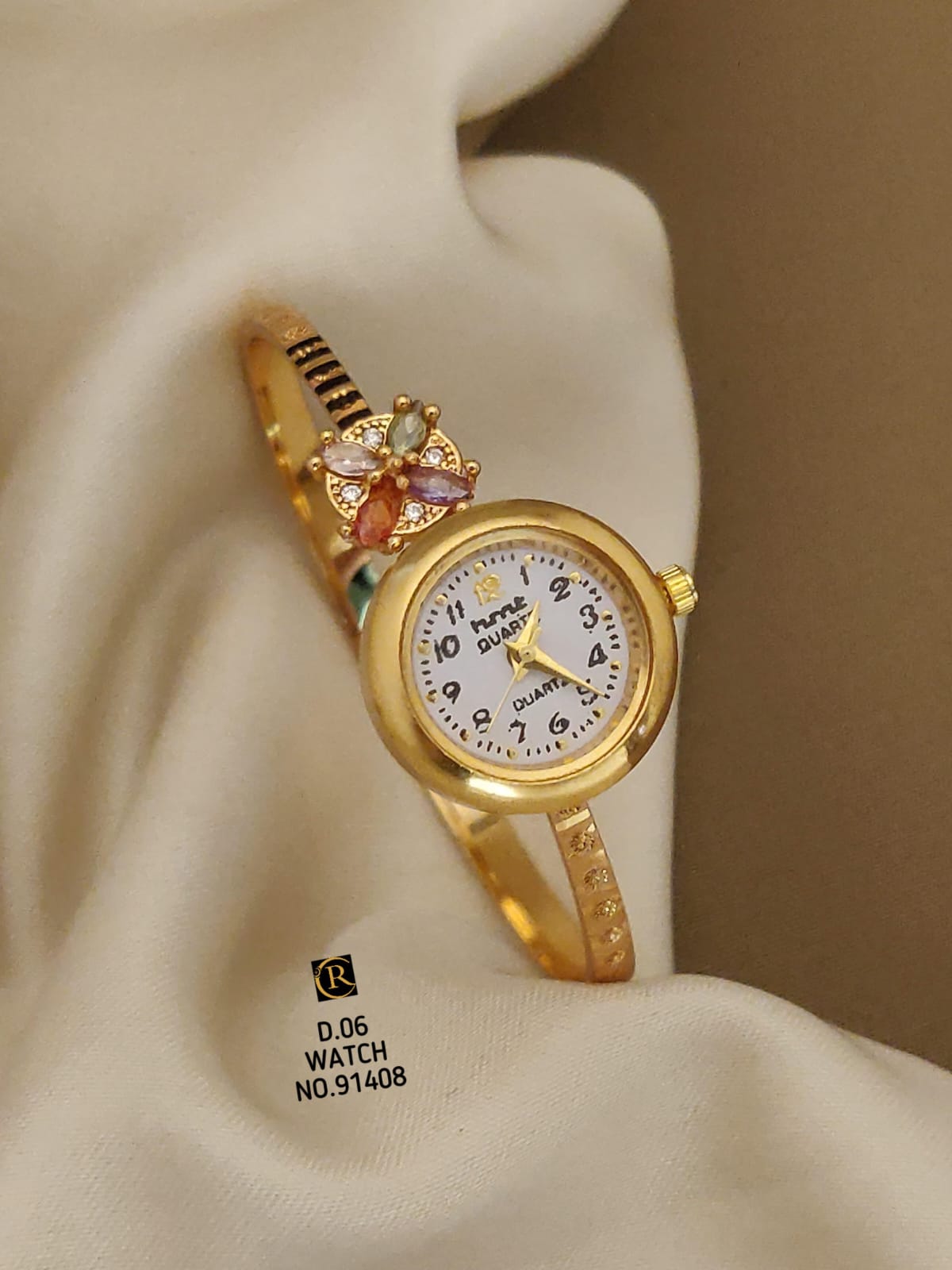Beautiful Golden Floral And Stone Studded Bracelet Watch For Women