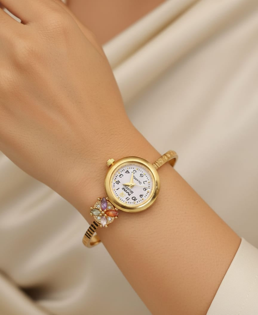 Beautiful Golden Floral And Stone Studded Bracelet Watch For Women