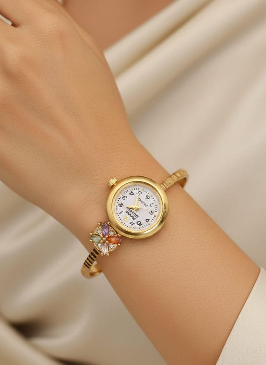 Beautiful Golden Floral And Stone Studded Bracelet Watch For Women