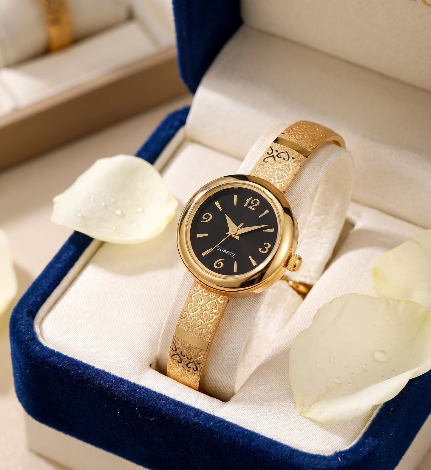 Micro Gold Tone Plated Daily Wear Black Dial Adjustable Bracelet Watch