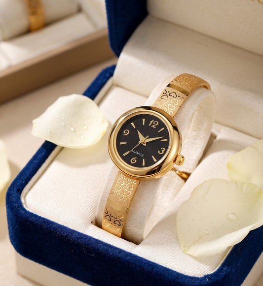Micro Gold Tone Plated Daily Wear Black Dial Adjustable Bracelet Watch