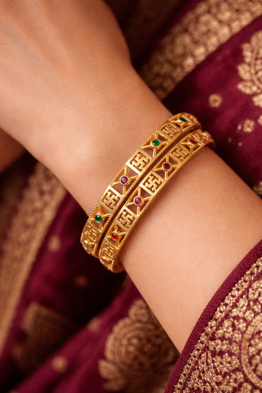Heritage Swastik Gold Plated 2 Pcs Bangle with Multicolor Stones