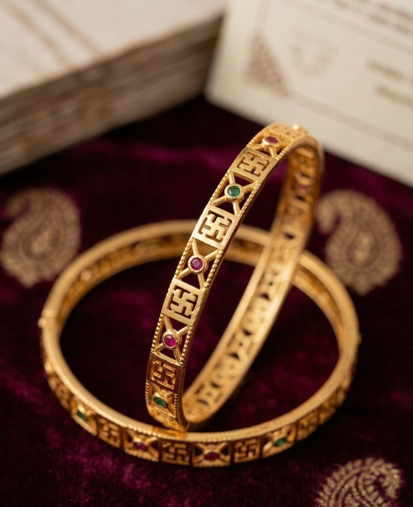 Heritage Swastik Gold Plated 2 Pcs Bangle with Multicolor Stones