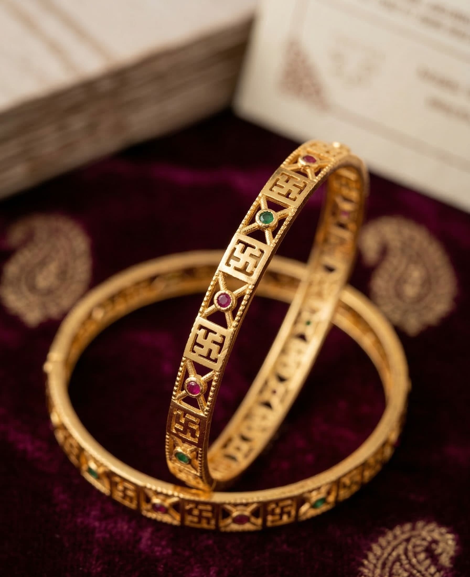 Heritage Swastik Gold Plated 2 Pcs Bangle with Multicolor Stones