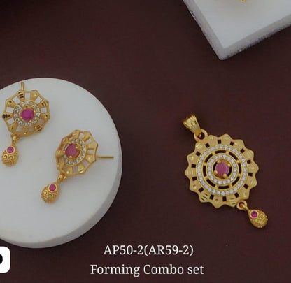 High Gold Plated Stunning American Diamond And Pink Diamond Studded Forming Designer Round Pendant Set