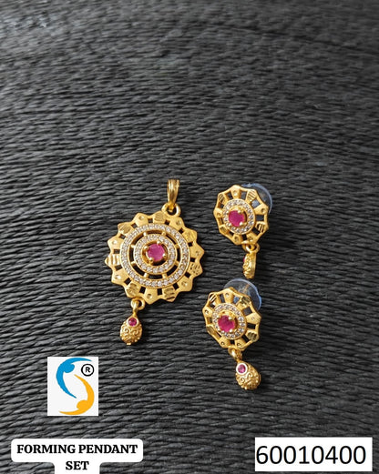 High Gold Plated Stunning American Diamond And Pink Diamond Studded Forming Designer Round Pendant Set