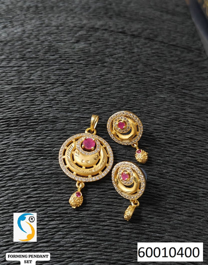 High Gold Plated Stunning American Diamond And Pink Diamond Studded Forming Designer Round Shape Pendant Set