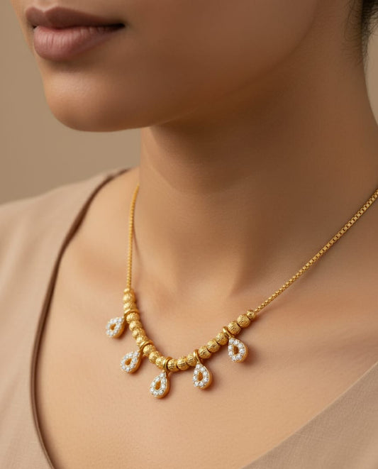 Micro Gold Plated And Diamond Studded Fancy Teardrop Charm Necklace