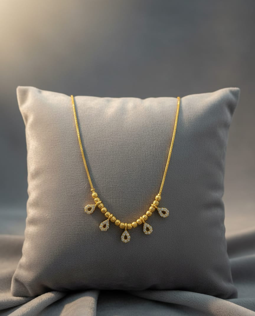Micro Gold Plated And Diamond Studded Fancy Teardrop Charm Necklace