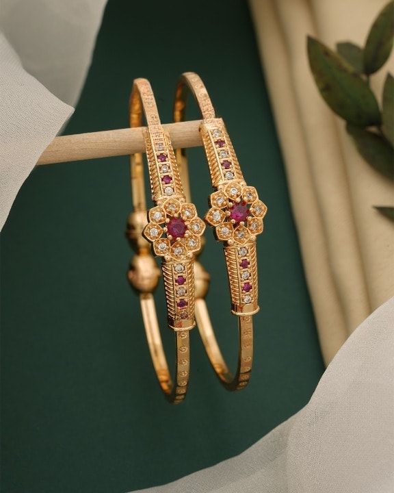 Micro Gold Plated And Diamond Studded Floral Designer Bangle Set (Pack Of 2)