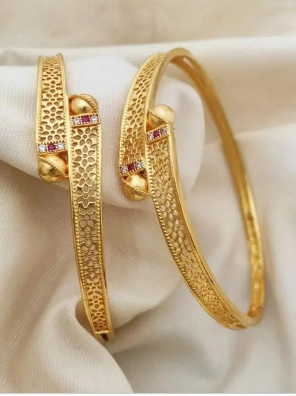 Micro Gold Plated And Diamond Studded Floral Designer Bangle Set (Pack Of 2)