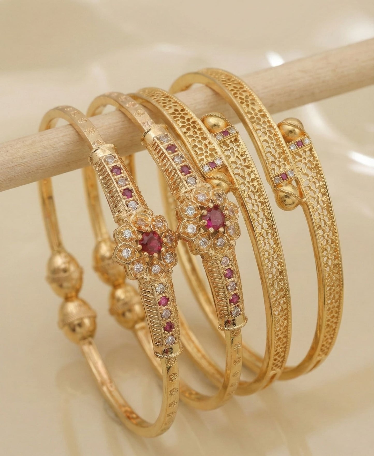 Micro Gold Plated And Diamond Studded Floral Designer Bangle Set (Pack Of 2)