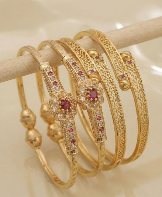 Micro Gold Plated And Diamond Studded Floral Designer Bangle Set (Pack Of 2)