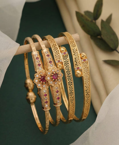 Micro Gold Plated And Diamond Studded Floral Designer Bangle Set (Pack Of 2)