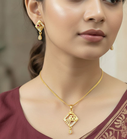 Micro Gold Plated Floral And Pendant Set with Earrings