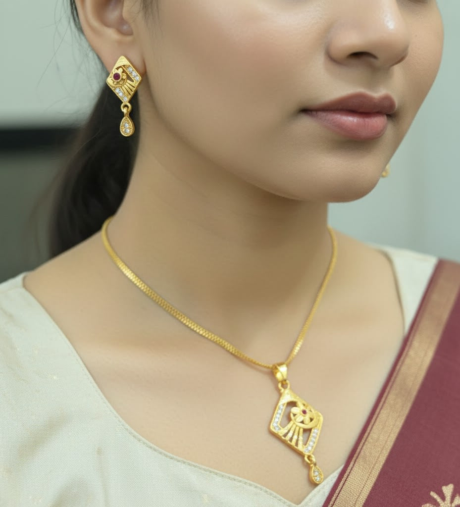 Micro Gold Plated Floral And Pendant Set with Earrings