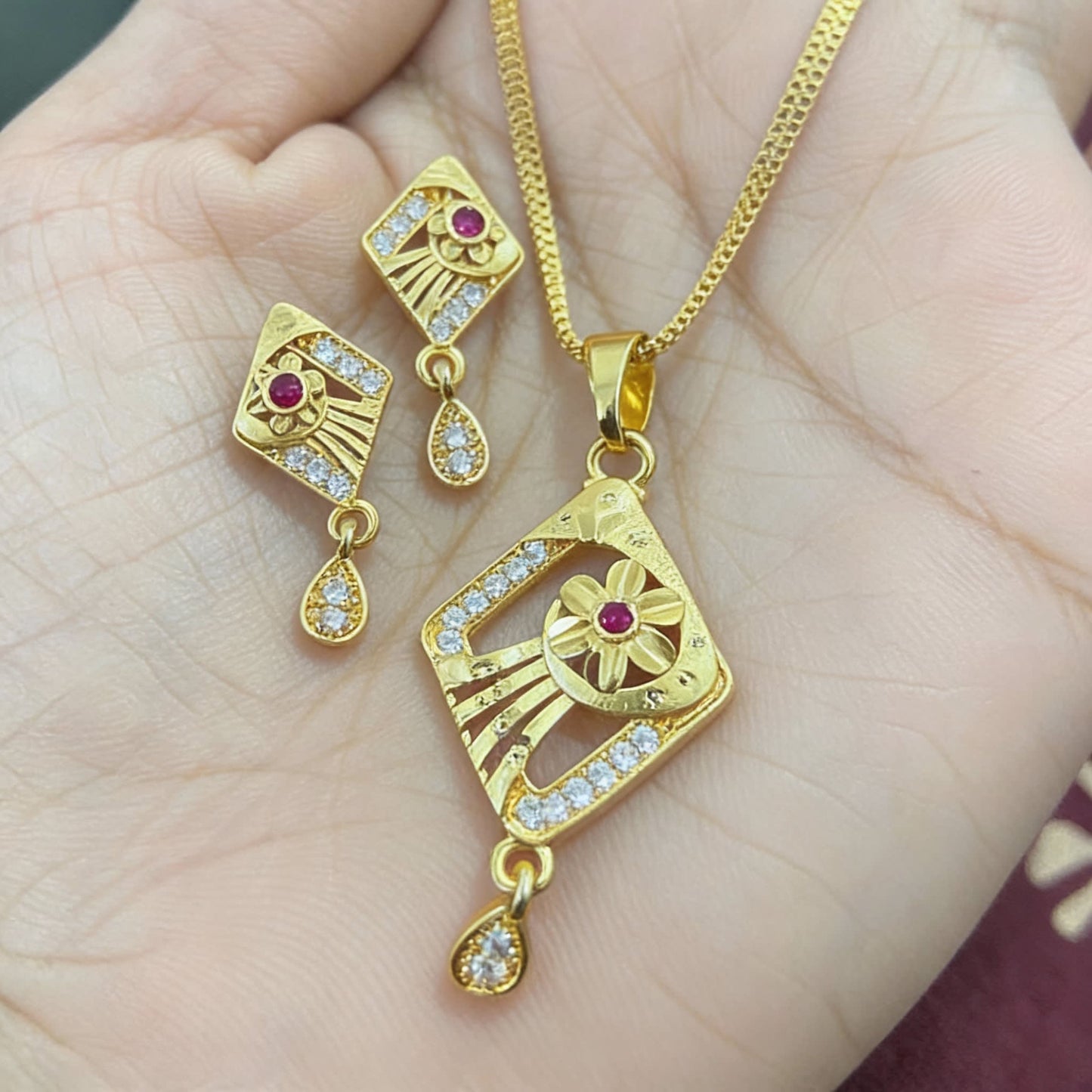 Micro Gold Plated Floral And Pendant Set with Earrings