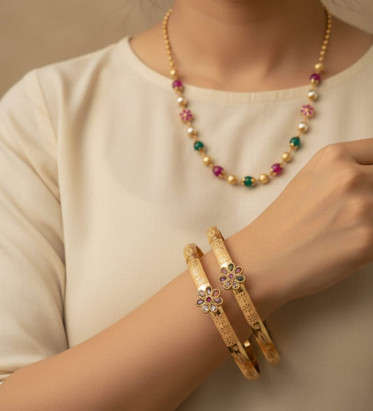 Micro Gold Plated Floral Stone Studded Traditional Bangle Pair with Pearl Chain
