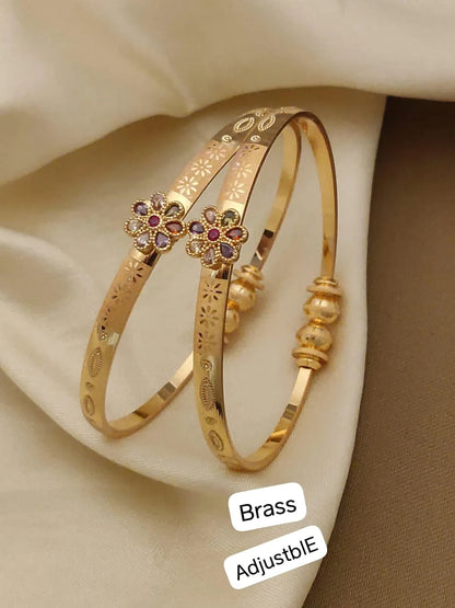 Micro Gold Plated Floral Stone Studded Traditional Bangle Pair with Pearl Chain