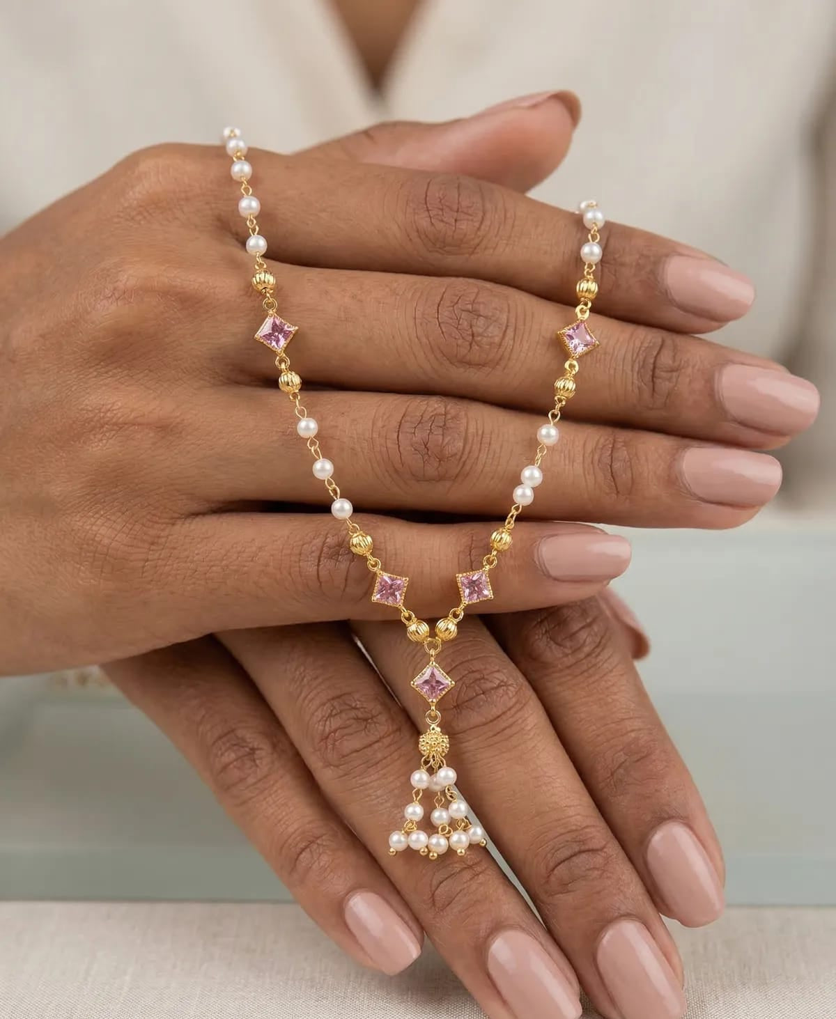 Micro Gold Plated Pearl 18 iches Chain with Pink Stone Accents & Elegant Drop